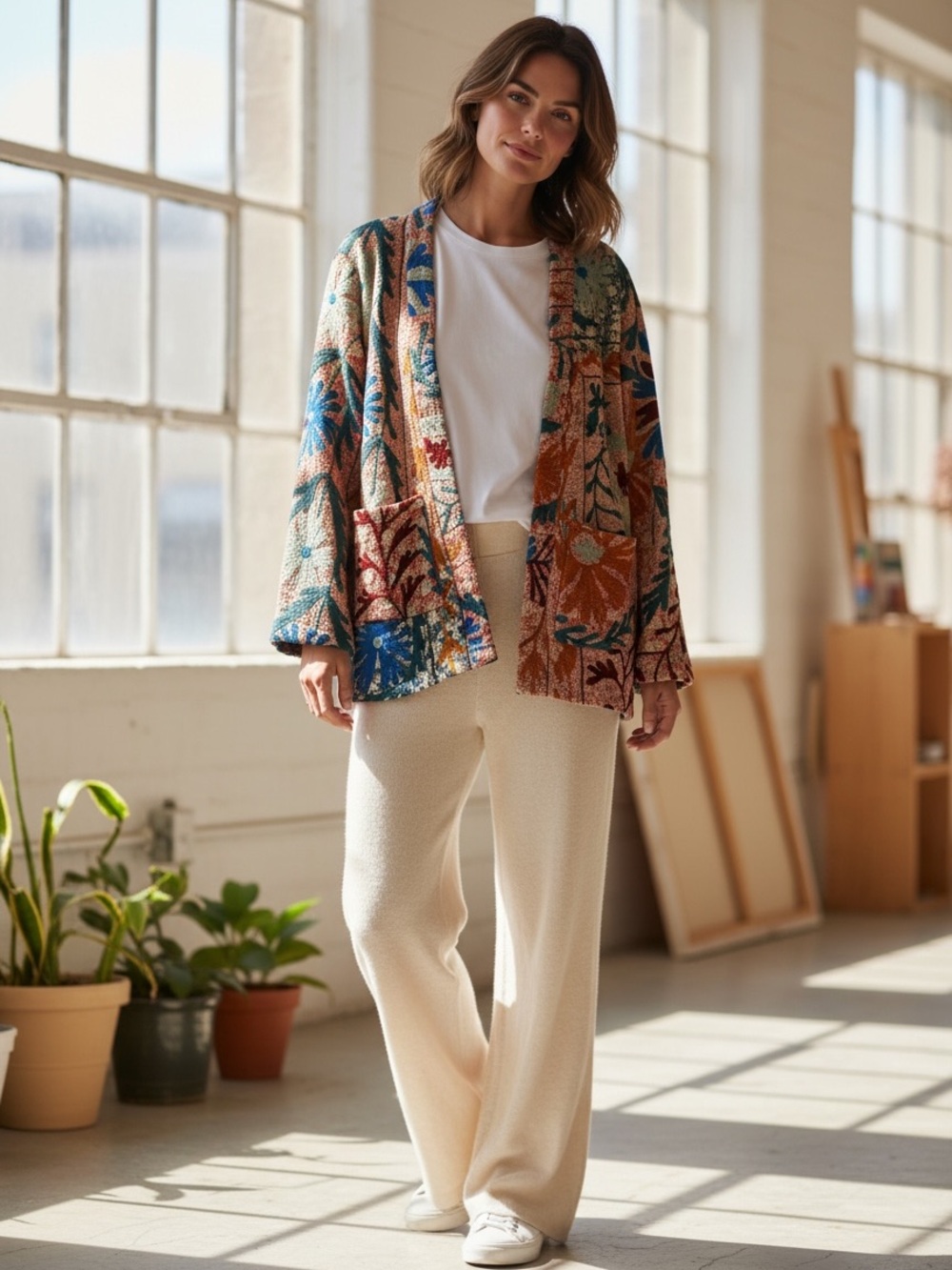 Kantha Floral Quilted Open-Front Jacket in Multicolor